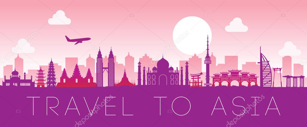 top famous landmark of Asia,silhouette design pink color,vector illustration