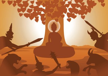 sonra kaybettikleri o Tanrı, Buda Biyografi, siluet tasarım, vektör çizim aydınlatmak için durdurmak için lord Buda'nın maça şeytan