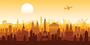 Europe ünlü siluet stil satır tasarım zamanında günbatımı, vektör çizim ile