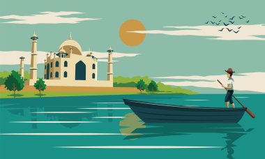 adam satır tekne yakınındaki Taj mahal, aşk sembolü ve dünya, vintage renk, vektör çizim ünlü Simgesel Yapı ile