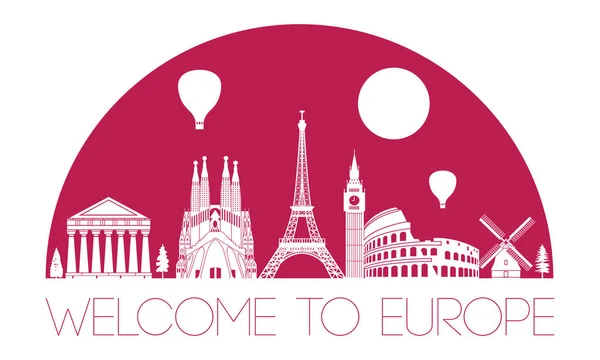 Europe Top Famous Landmark Silhouette Dome Pink Color Style Travel — Stock Vector