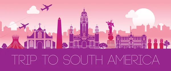 南アメリカ シルエット デザイン ピンク色 ベクトル イラストのトップ有名なランドマーク — ストックベクタ