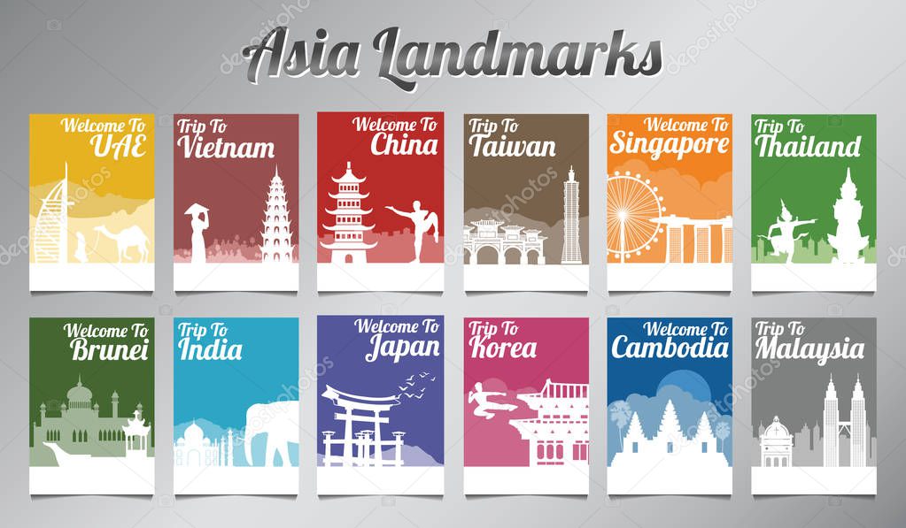 Asia famous landmark in silhouette design with multi color style brochure set,vector illustration