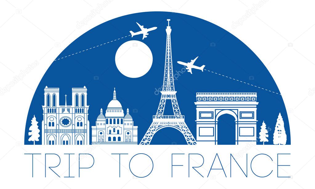 france top famous landmark silhouette and dome with blue color style,travel and tourism,vector illustration