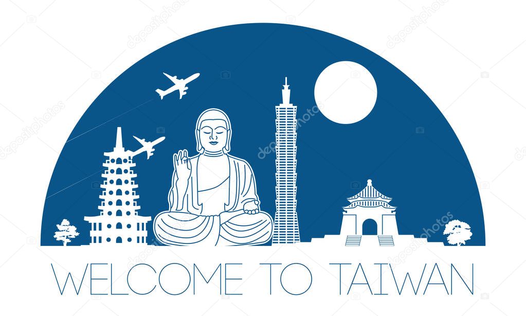 Taiwan top famous landmark silhouette and dome with blue color style, welcome to Taiwan,travel and tourism,vector illustration
