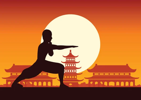 中国のボクシングのカンフー武術有名なスポーツ モンクと戦うために およそ中国の寺院 日没のシルエット デザインの鉄道 — ストックベクタ