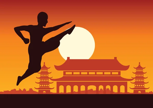 中国のボクシングのカンフー武術有名なスポーツ モンクと戦うために およそ中国の寺院 日没のシルエット デザインの鉄道 — ストックベクタ