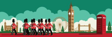 İngiliz askeri, kırmızı telefon kulübesi, Big Ben ve ünlü arazi mark İngiltere'de, ulusal bayrak rengi, siluet tasarım, vektör çizim