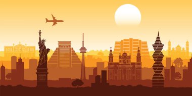 Kuzey Amerika ünlü siluet stil satır tasarım zamanında günbatımı, vektör çizim ile