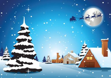 köy olan xmas üzerinde gece ve santa uçup herkese hediye gönderin, illüstrasyon vektör için