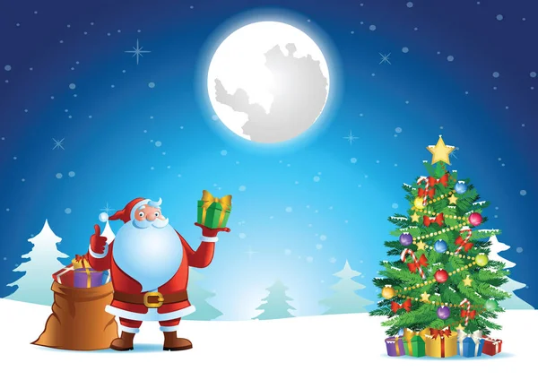 Santa Claus Pulgar Hacia Arriba Mostrar Regalo Noche Navidad Vector — Vector de stock