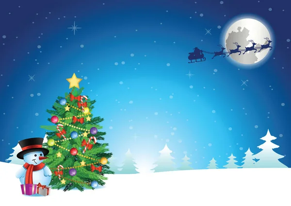 Muñeco Nieve Árbol Navidad Pie Nieve Mientras Santa Claus Volar — Vector de stock