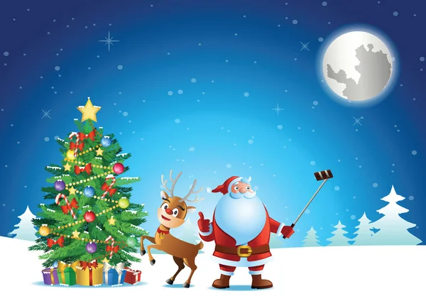 Santa Claus Selfie Con Ciervos Árbol Navidad Antes Enviar Regalo — Vector de stock