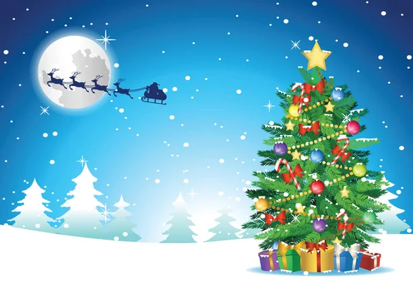 Árbol Navidad Pie Nieve Regalo Cercano Que Enviado Por Santa — Vector de stock