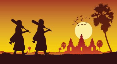keşiş yürümek dışında tapınak hac Kamboçya angkor wat arasında hak kazanmak için. barış sessiz ve dharma günbatımı sahne siluet tarzında için illüstrasyon vektör