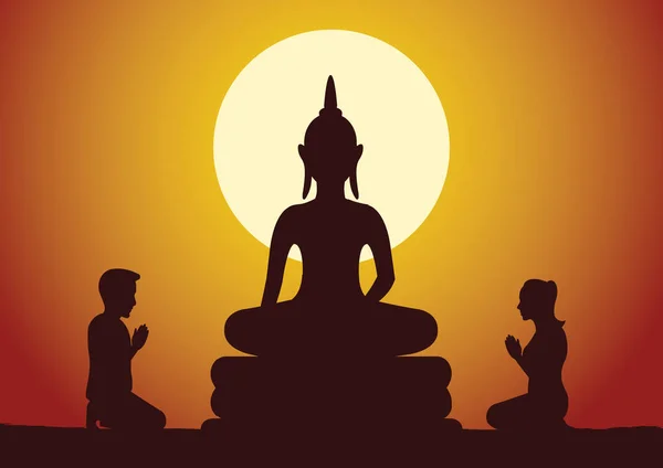 Mujer Hombre Budistas Respetan Escultura Buda Educadamente Con Silueta Estilo — Vector de stock