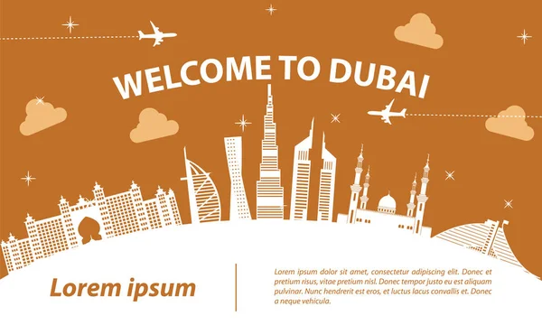 Ντουμπάι Κορυφαία Διάσημο Ορόσημο Σιλουέτα Στυλ Λευκό Καμπύλη Ταξιδιού Και — Διανυσματικό Αρχείο