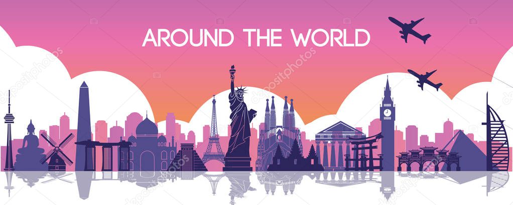 famous landmark of the world,travel destination,silhouette design,purple and orange gradient color,vector illustration