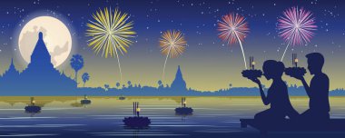 couple do Loy Krathong,Thai famous festival,believe to respect mother of river,vector illustration,full moon with temple and tree background,silhouette design clipart