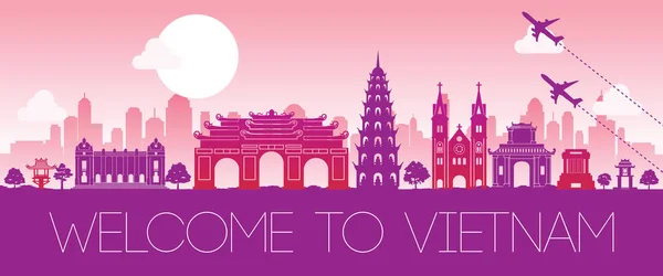 Vietnam Famoso Diseño Silueta Rosa Hito Ilustración Vectorial — Vector de stock