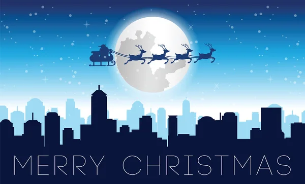 Santa sinek gökdelen üzerinde xmas gecesi, degrade mavi, vektör çizim