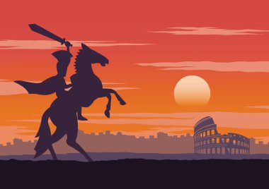 Şövalye muzaffer olması, colosseum, dönüş ev günbatımı zamanı, vintage renk, vektör çizim yakın at binmek