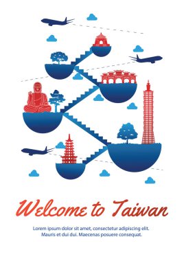 Tayvan en ünlü dönüm noktası siluet stil float adada bağlanma bağlantı merdiven ile kırmızı ve mavi tasarım, seyahat ve Turizm, vektör çizim ulusal bayrak renk
