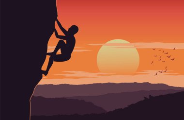 adam tırmanmak kadar cliff günbatımı zamanında dikkatle civarında dağ ile dünya, siluet tasarım, vektör çizim aşırı aktivite