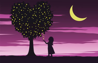 firefly üzerinde kalp şekli tree.mean sevmeyi kız bakmak yerine getirmek ile pembe renk, vektör çizim ışık, gece zamanla