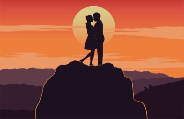 couple hug together near cliff around with mountain,silhouette style,vector illustration clipart