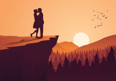 couple hug together near cliff and close to a pine forest,silhouette style,vector illustration clipart