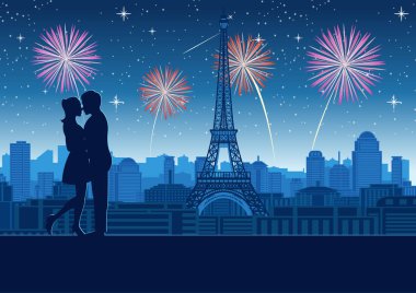 couple hug together near tower roof top around with skyscraper near Eiffel tower in Paris,silhouette style,vector illustration clipart