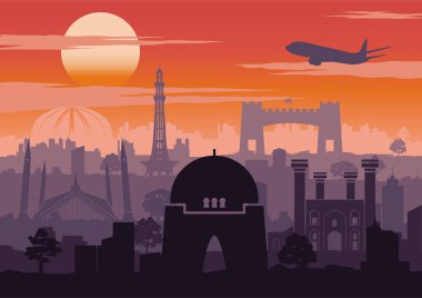 Pakistan ünlü siluet stil satır tasarım günbatımı zamanı, vintage renk, vektör çizim ile