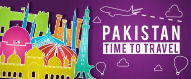 Pakistan famous landmark silhouette colorful style,plane and balloon fly around with cloud,vector illustration clipart