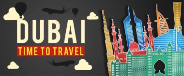 Dubai ünlü siluet renkli stil afiş, bulut, vektör çizim etrafında uçak ve balon sinek