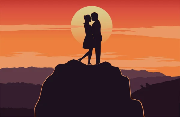 Couple Embrasser Ensemble Près Falaise Autour Montagne Style Silhouette Illustration — Image vectorielle