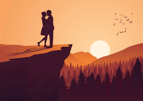 Couple Embrasser Ensemble Près Falaise Proximité Une Pinède Style Silhouette — Image vectorielle