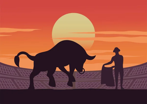 Matador Bull Shown Stadium Culture Tradition Spain Sunset Time Vector — стоковый вектор