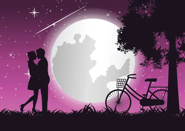 Abraço Casal Juntos Beijo Perto Bicicleta Árvore Grande Arte Conceitual — Vetor de Stock