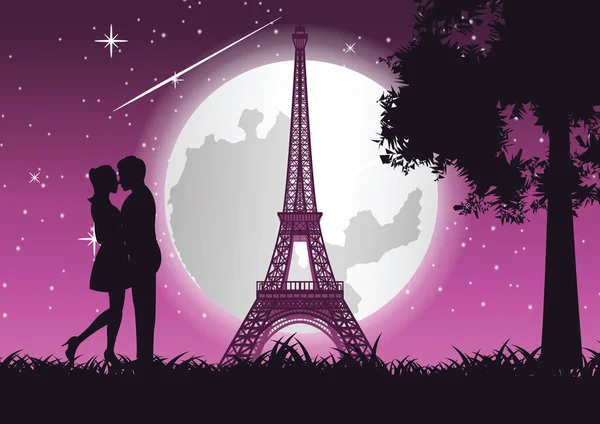Paar Knuffel Samen Kiss Buurt Van Eiffeltoren Boom Concept Art — Stockvector