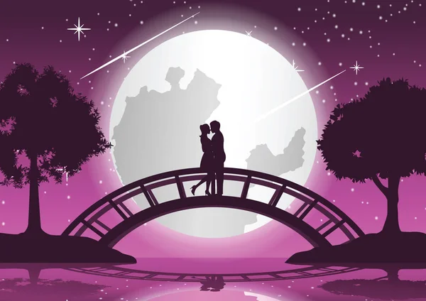 Couple Hug Together Kiss Bridge Link Two Coasts Concept Art — Stock Vector