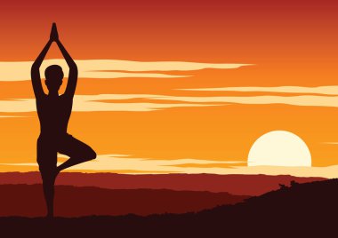 Hindistan Yogi gerçekleştirmek yoga, relax, bir tür çevresinde doğa ile günbatımı zamanı, siluet tasarım, vektör çizim
