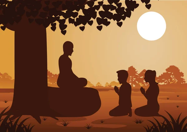 Couple Bouddhiste Rendre Hommage Moine Poliment Avec Foi Croire Illustration — Image vectorielle