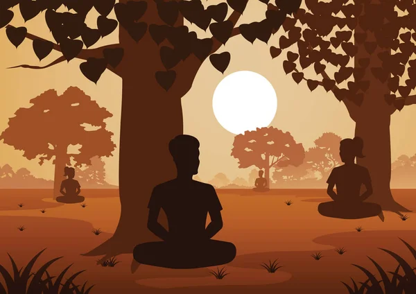 佛教妇女和男子支付火车冥想来的和平和痛苦下的树 剪影风格向量例证 — 图库矢量图片