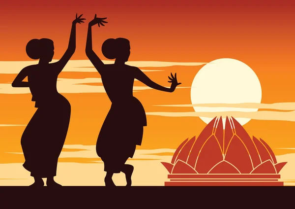 India Dancer Perform Famous Landmark Sunset Time Silhouette Design Vector — Stock Vector