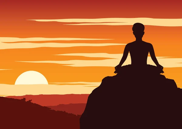 印度瑜伽执行瑜伽 一种放松 周围与自然在日落时间 剪影设计 向量例证 — 图库矢量图片