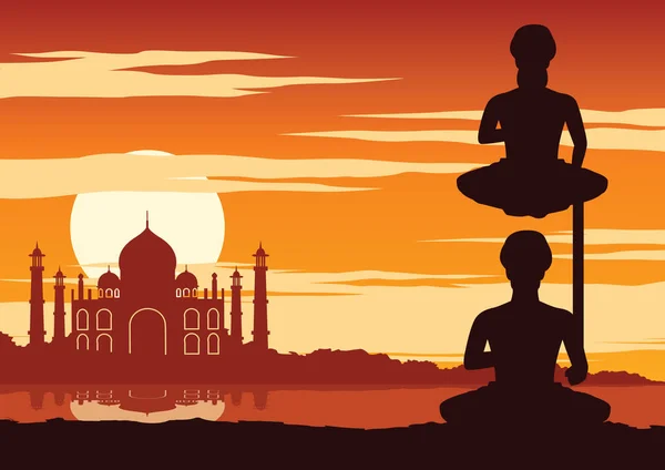 India Yogi Eseguire Yoga Vicino Famoso Punto Riferimento Chiamato Taj — Vettoriale Stock