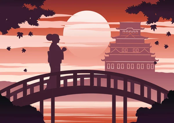 着物ドレスを着た日本女性はメープル秋 シルエット ライトとシャドウのデザイン ヴィンテージ色 ベクトル図 日没時間の城近くの橋の上スタンドします — ストックベクタ