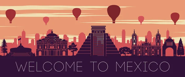 México Famoso Marco Sunset Tempo Silhueta Design Ilustração Vetorial — Vetor de Stock