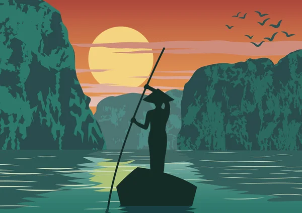 Eve geri tarafından Vietnam, vintage renk Ha uzun defne ünlü dönüm noktası geçmek, illüstrasyon vektör gelmek gitmek için satır tekne dostum